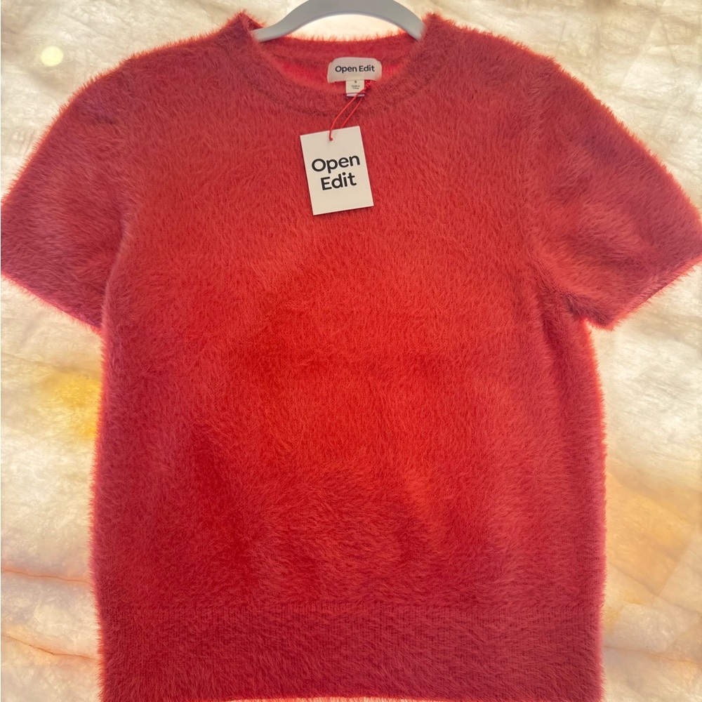Open Edit Women's Fuzzy Red Sweater